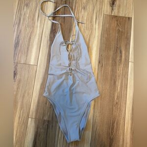 Aerie gray lace up low cut one piece bathingsuit Swimsuit